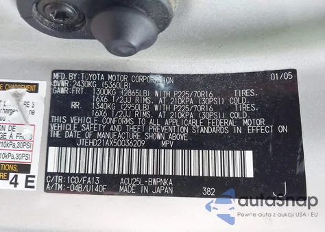 2005 Toyota Highlander z USA, uszkodzony, nr VIN JTEHD21AX50036209